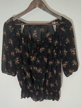 GUESS Los Angeles Sheer Floral Peasant Blouse Boho Cold-Shoulder Top XS